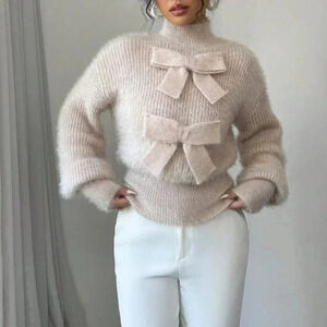 Apricot Casual Women's Stand Collar Bow Decor Sweater